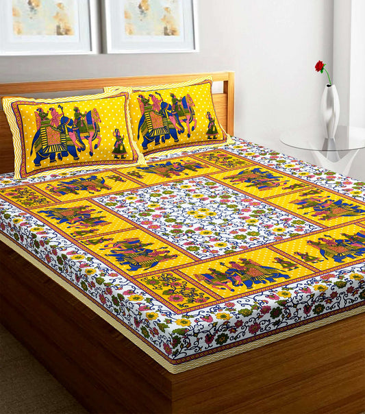 100% Pure Cotton Traditional Printed Bedsheet for Double Bed King Size Bedsheet with 2 Pillow Covers