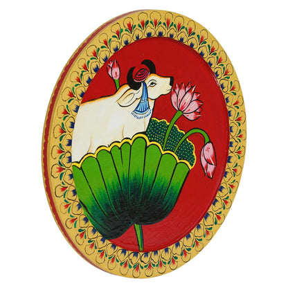 Hand-Painted Pichwai with Cow and Lotus Flower