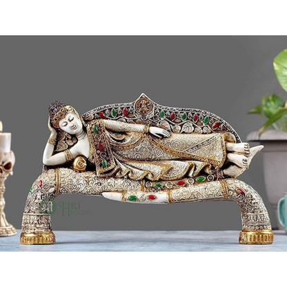 Indicast 15" Inch Handmade Buddha Sleeping Murti Stone Finish Meditating Idol Gifts Antique Design | Home Decoration, Living Room Bedroom | White