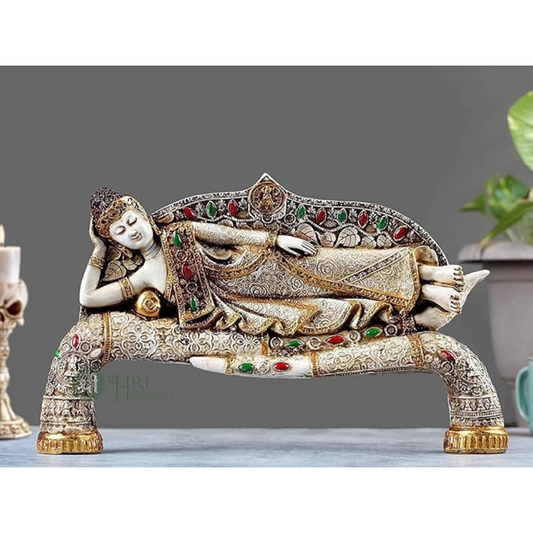 Indicast 15" Inch Handmade Buddha Sleeping Murti Stone Finish Meditating Idol Gifts Antique Design | Home Decoration, Living Room Bedroom | White