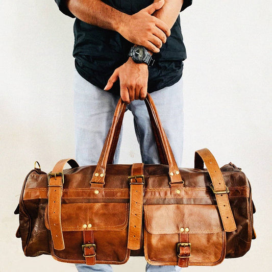 Craftshades – 3 Outer Pockets 24″ (Expandable) Edge Handcrafted Duffle Goat Leather Bag