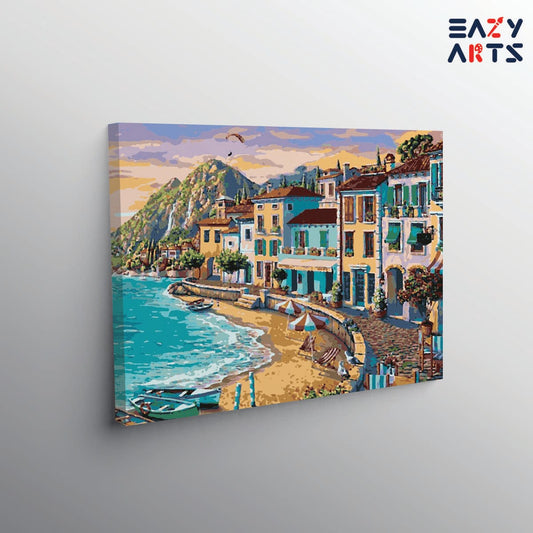 City Beach Boats and Mountains Paint By Numbers kit