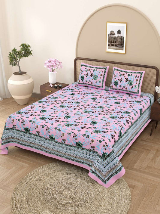 100% Pure Cotton Traditional Printed Bedsheet for Double Bed King Size Bedsheet with 2 Pillow Covers