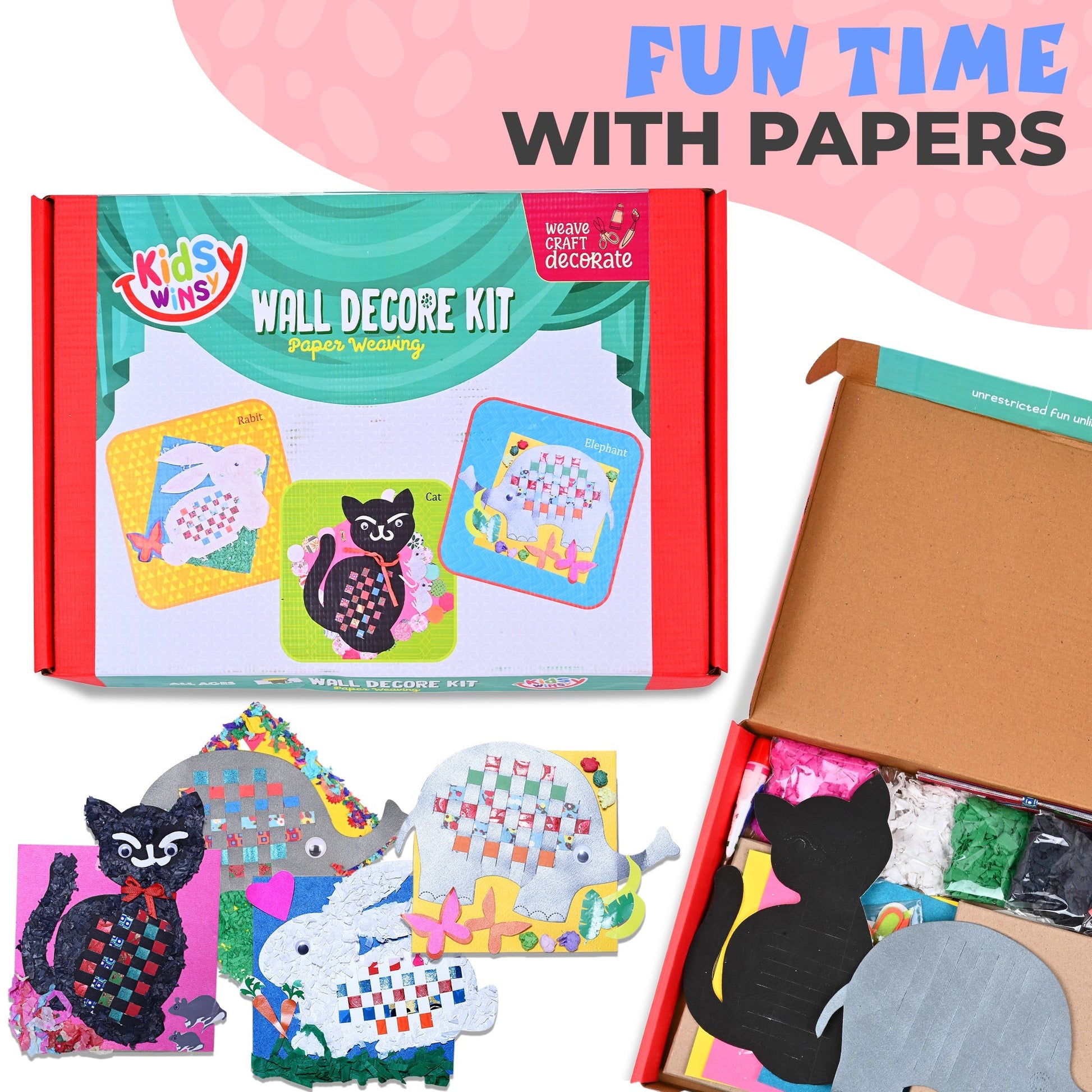 DIY Paper Weaving Wall Decor Set of 3 Animal Activity Kit- ELEPHANT, RABBIT & CAT