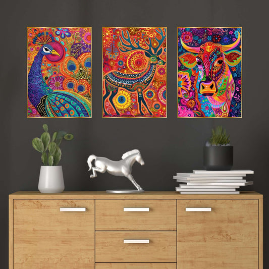 Set of Three Wall Paintings for Wall Dacoration Golden Framed Wall Paintings for Living Room & Bedroom Wall Art for Home Decoration & Office Wall Décor (24×18 inch CH-GD3-7)