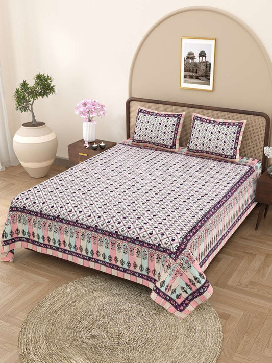 100% Pure Cotton Traditional Printed Bedsheet for Double Bed King Size Bedsheet with 2 Pillow Covers