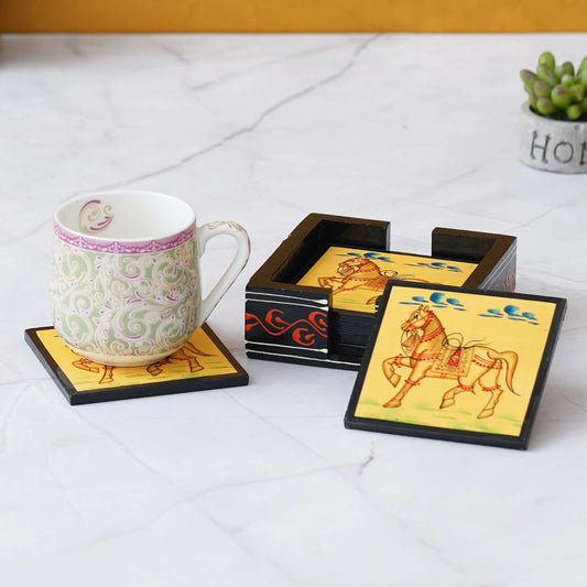 Handcrafted Wooden Horse Hand-Painted Tea Coaster Set: Artistic Table Protection