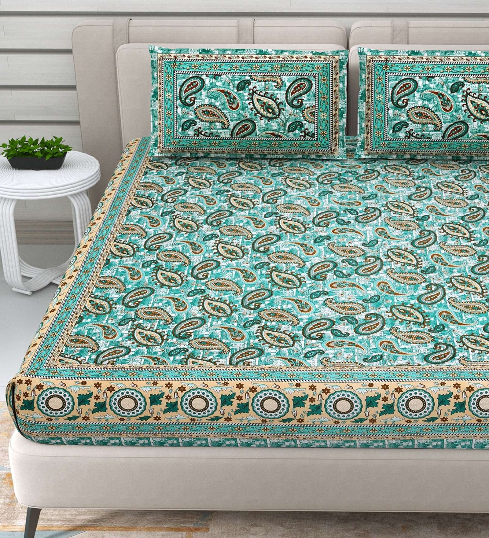 100% Pure Cotton Traditional Printed Bedsheet for Double Bed King Size Bedsheet with 2 Pillow Covers