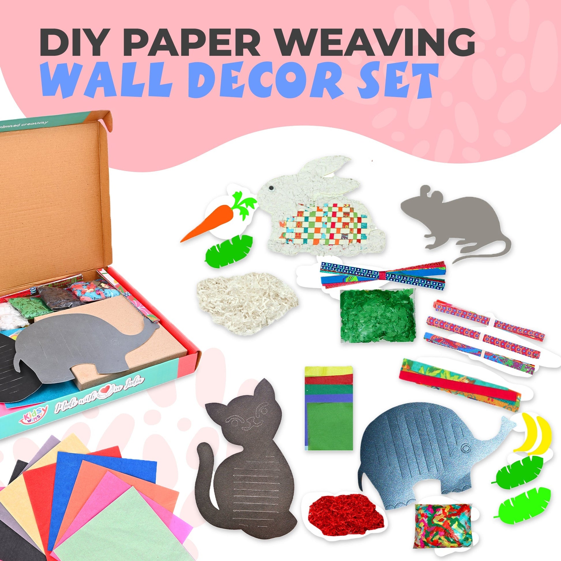 DIY Paper Weaving Wall Decor Set of 3 Animal Activity Kit- ELEPHANT, RABBIT & CAT