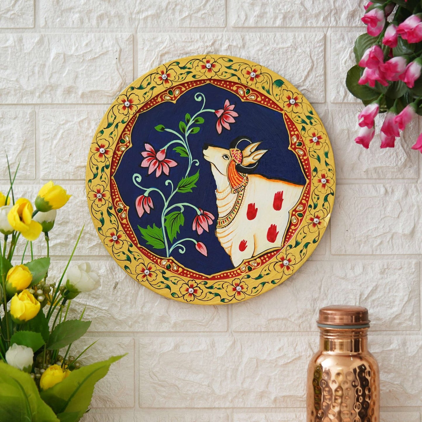 Hand-Painted Pichwai with Cow and Floral Design