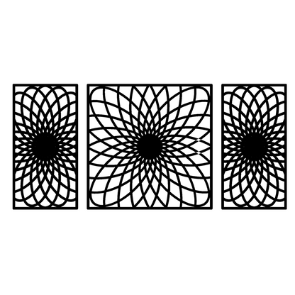 Black Geometric Lotus Wall Panels Set of 3 Contemporary Mandala-Inspired Art Frames