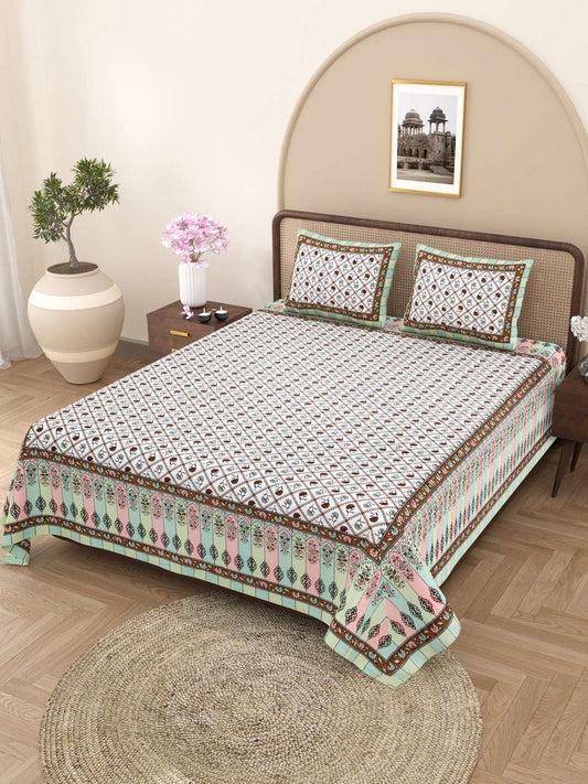 100% Pure Cotton Traditional Printed Bedsheet for Double Bed King Size Bedsheet with 2 Pillow Covers