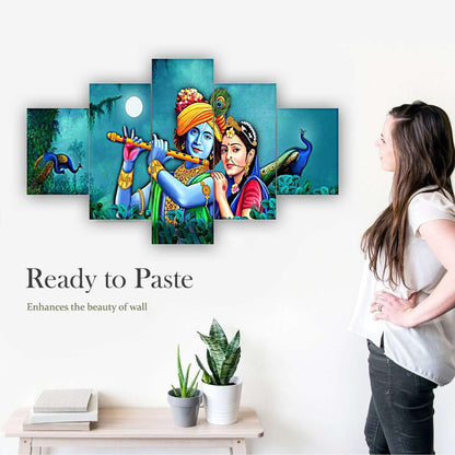 Radhe Krishna Set of Five 3D Framed Paintings for Wall Decoration – Ideal for Home, Living Room, and Bedroom (125 x 60 CM)