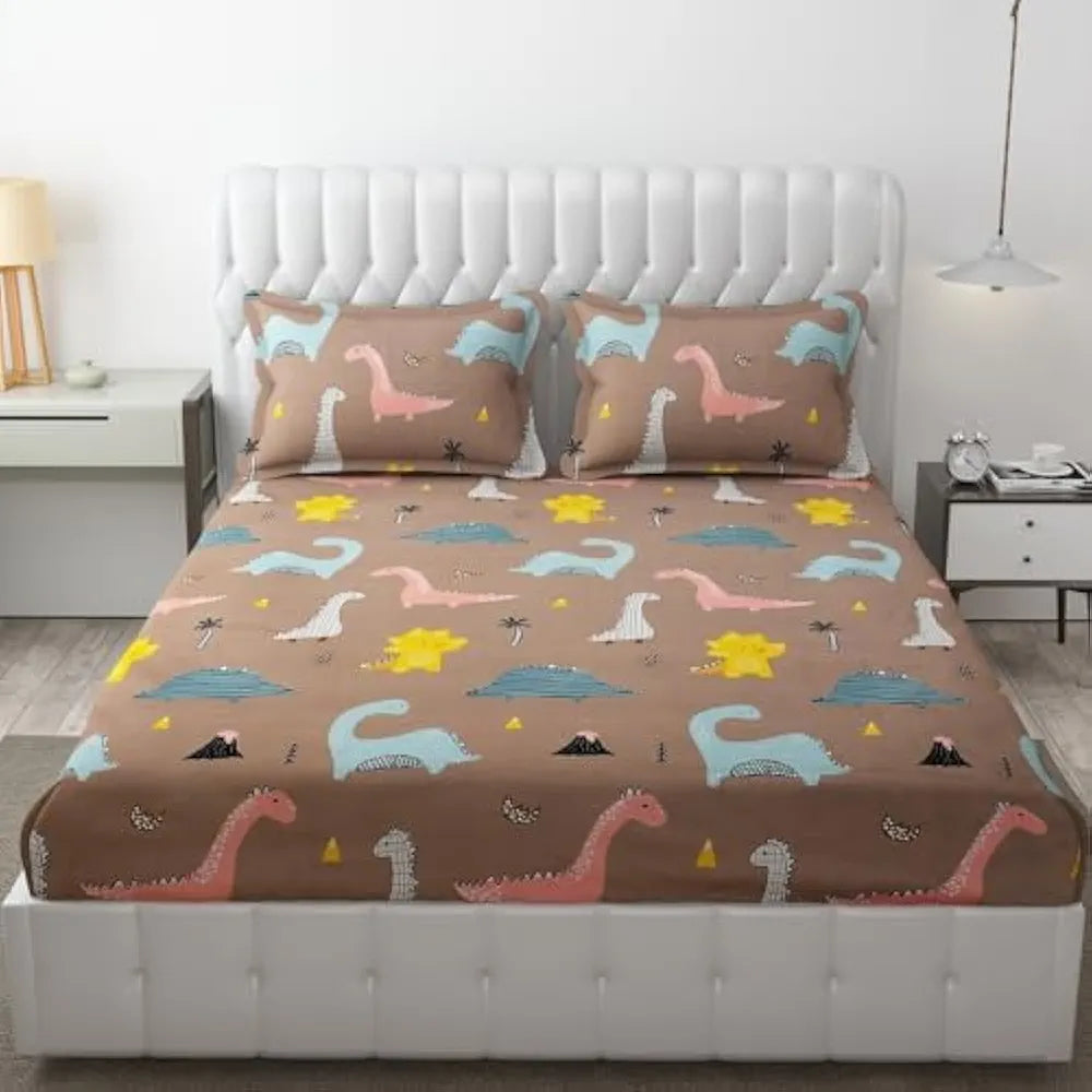 Fresh Form Loom Wrinkle Free Glace Cotton 300 TC Elastic Fitted Bedsheet For Kids With 2 Pillow Cover Rosy Dinosaur Rosy