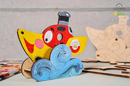 Ugears Steamboat - 3D Wooden Jigsaw Puzzle Games - Kids Coloring kit - STEAM Learning Brain Games Toys & Ship Puzzles for Kids - Building Toys & Building Sets for Kids - DIY Kits for Kids