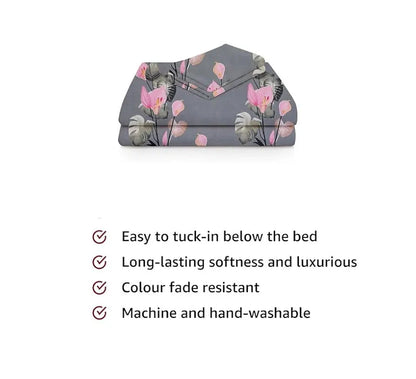 BSB HOME 220 Tc Premium Forever Modern Style Glace Cotton Floral 1 Single Size Bed Bedsheet and 1 Pillow Cover-Grey & Pink Flower