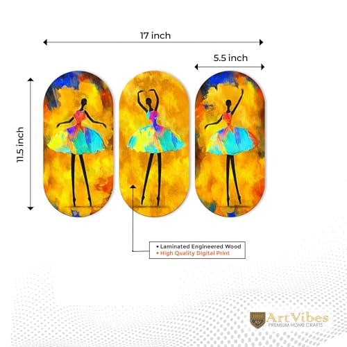 Artvibes Ballerina Dancing Abstract Art Wooden Wall Hanger for Home | Set of 3