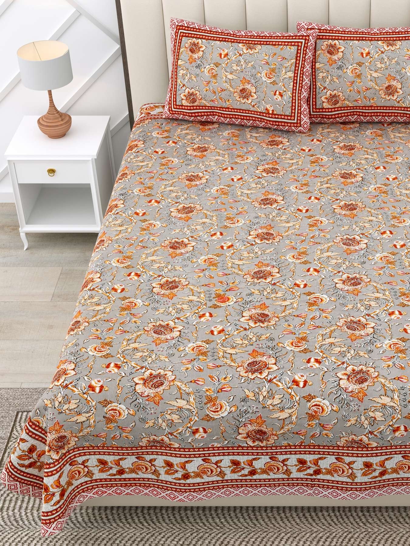 100% Pure Cotton Traditional Printed Bedsheet for Double Bed King Size Bedsheet with 2 Pillow Covers