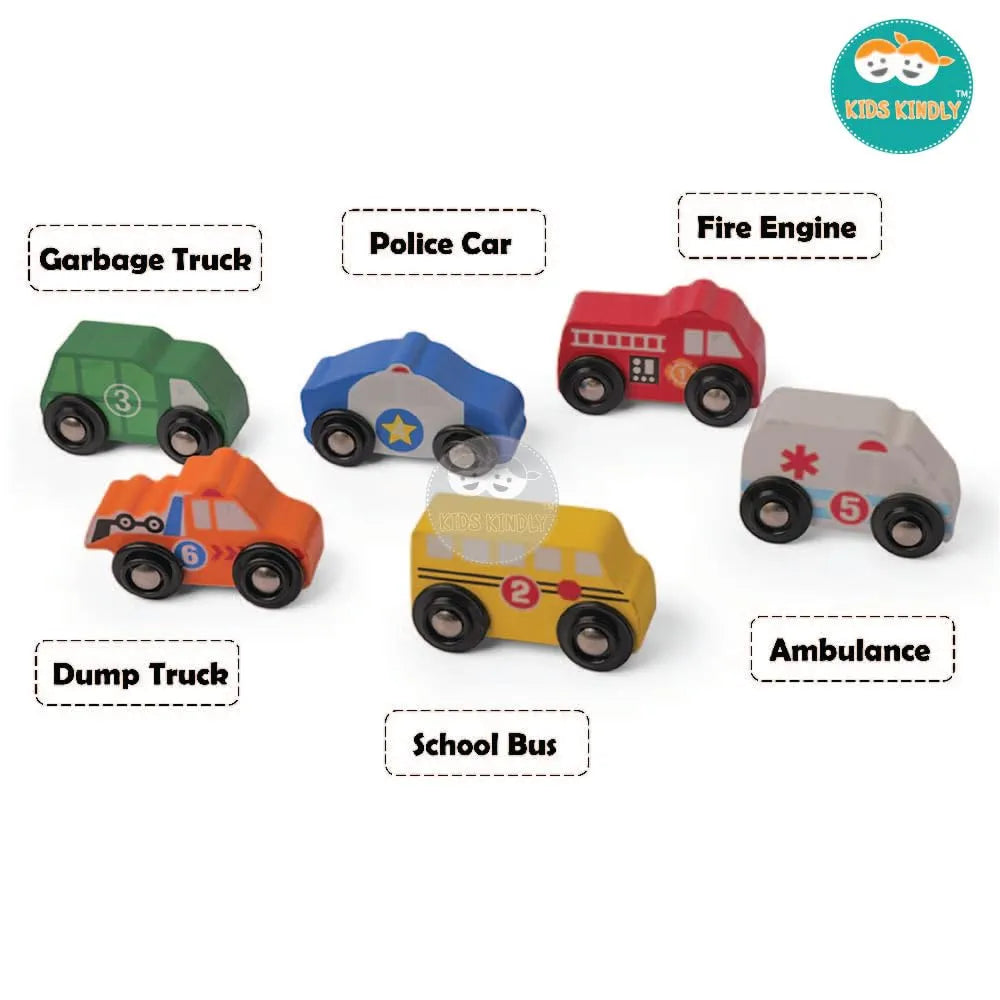 KIDS KINDLY Mini Vehicle Wooden Toys - Age 3 & Set of 6 Ambulance Wooden Small Toys for Kids, Cars Set Classic Rescue & Construction Vehicles Driving Cars for Boys Girls Educational Plays