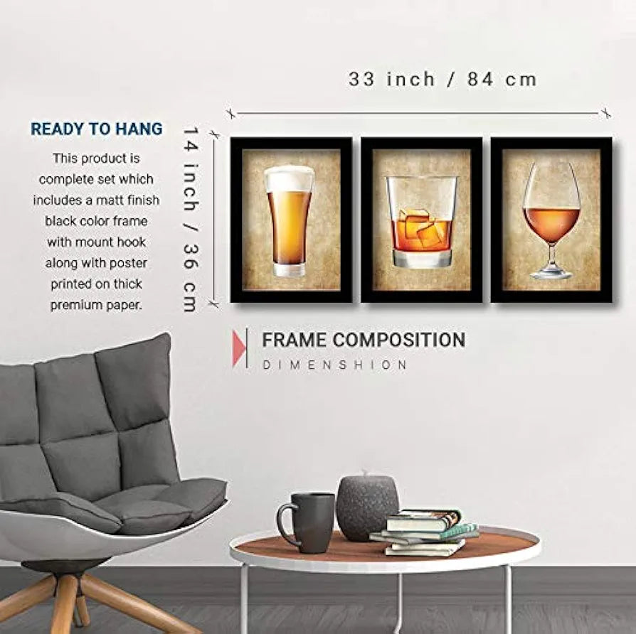 Rainbow Arts Bar Glass Framed Wall Posters for Kitchen Bar FramedSet of 3