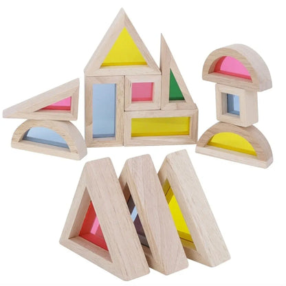 NESTA TOYS - Wooden Rainbow Building Blocks  | Stacking Toys for Toddlers | Acrylic Multicolor Geometrical Blocks