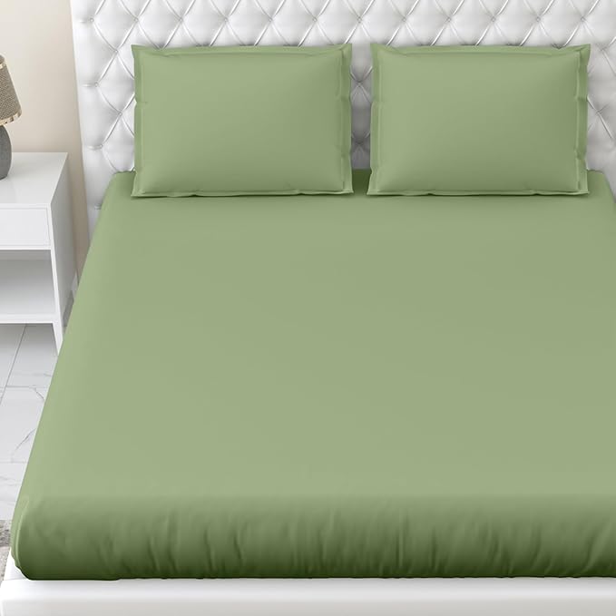 Haus & kinder Cotton Elastic Fitted Bedsheet King Size 2 Pillow Covers | Colour Moss