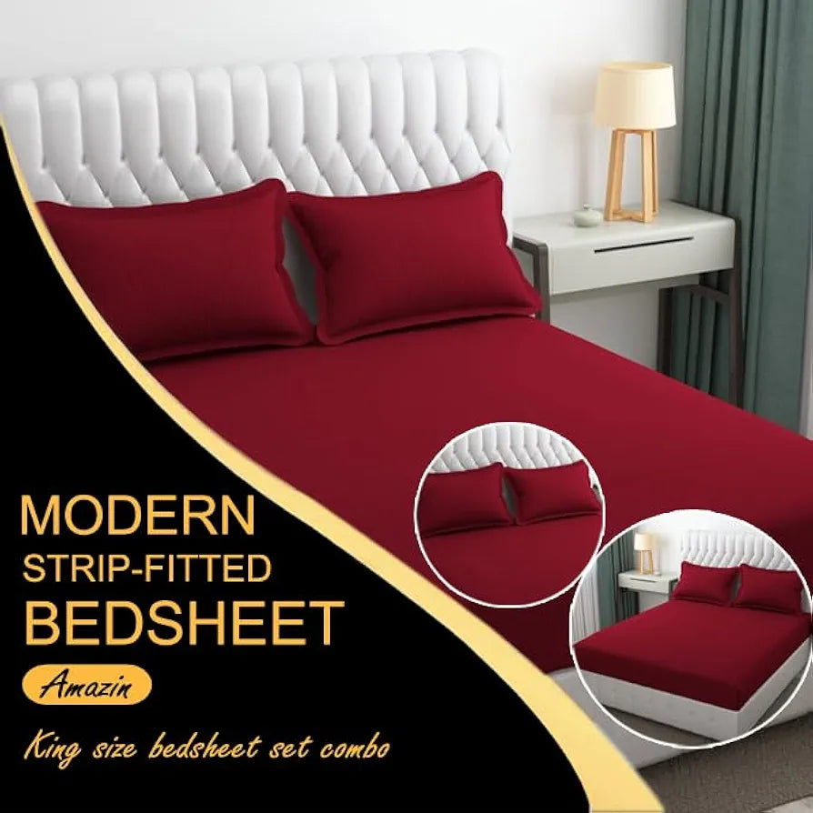 Fresh From Loom 240 TC Satin Striped Soft Fitted Bedsheet King Size Bed with Two Pillow Cover Elastic Multicolor Maroon