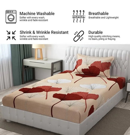 Fresh From Loom Floral Single Size Bedsheet Microfiber Rotary Printed Hypoallergenic with 1 Pillow Covers Multicolor 144 TC Almond
