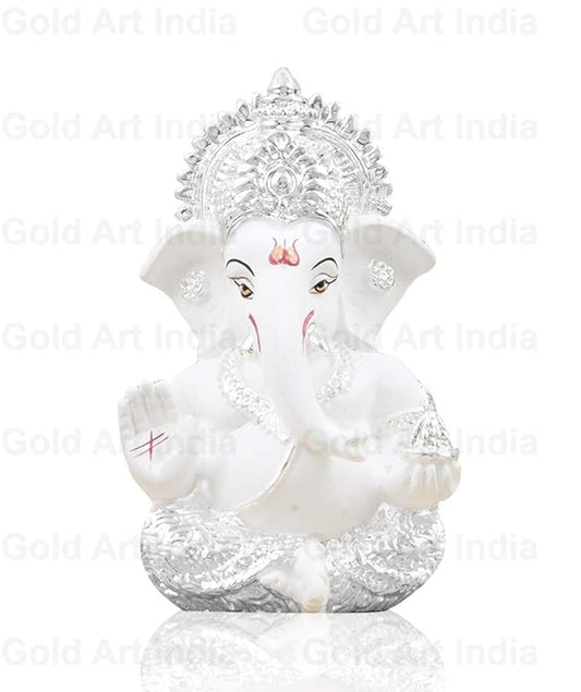 Gold Art India Silver Finish Ganesh Idol For Car Dashboard Ganesha Murti For Home Decor