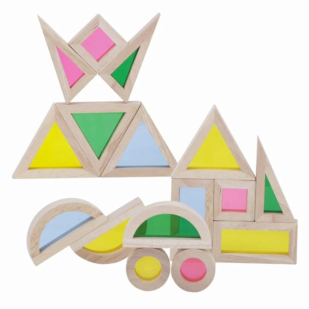 NESTA TOYS - Wooden Rainbow Building Blocks  | Stacking Toys for Toddlers | Acrylic Multicolor Geometrical Blocks