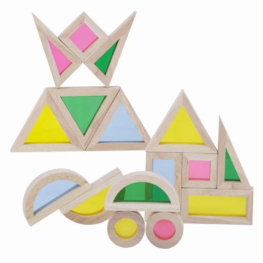 NESTA TOYS - Wooden Rainbow Building Blocks  | Stacking Toys for Toddlers | Acrylic Multicolor Geometrical Blocks