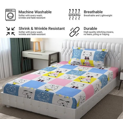 Fresh From Loom Hypoallergenic Glace Cotton Kids Single Bedsheet-Rotary Printed Wrinkle Free With 1 Pillow Covers 144 TC Aqua Pink