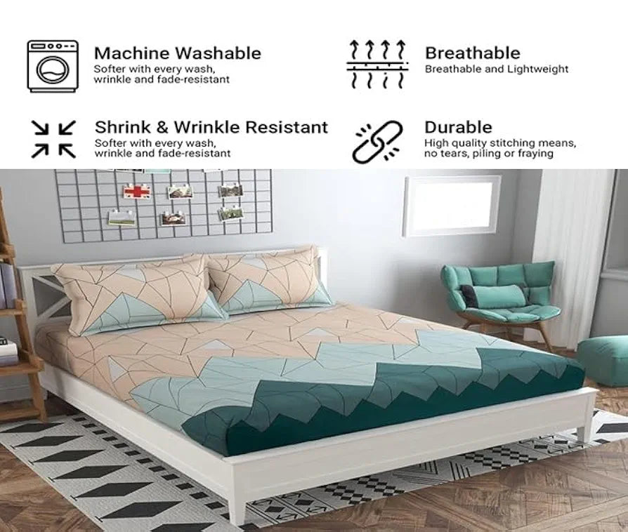 Fresh From Loom King Size Microfiber Bedsheet Set Printed with 2 Pillow Covers 144 TC Beige Green