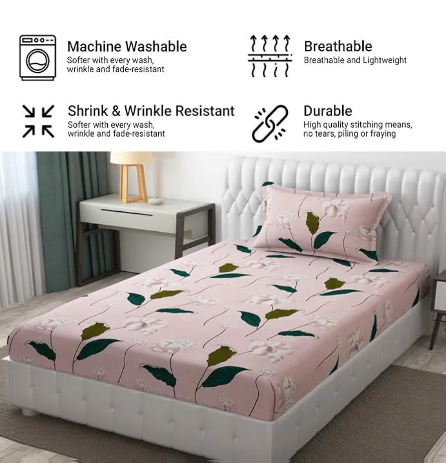 Fresh From Loom Single Bedsheet for Single Bed Floral Design Bed Spread with 1 Pillow Covers Multicolor 144 TC Flamingo