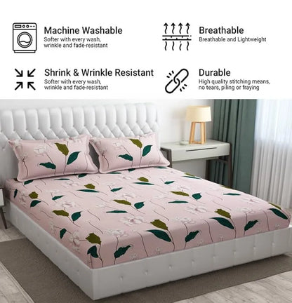 Fresh From Loom Floral King Size Bedsheet Microfiber Rotary Printed Hypoallergenic Wrinkle Free With 2 Pillow Covers Multicolor 144 TC Flamingo