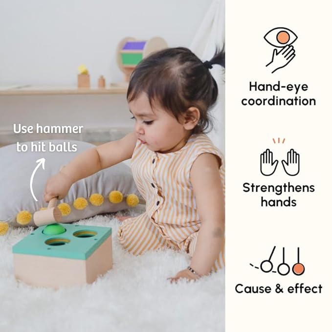 Curious Cub Wooden Hammer Ball Knock | Pounding Bench With Box Case | Early Educational Montessori Toy Set for Kids