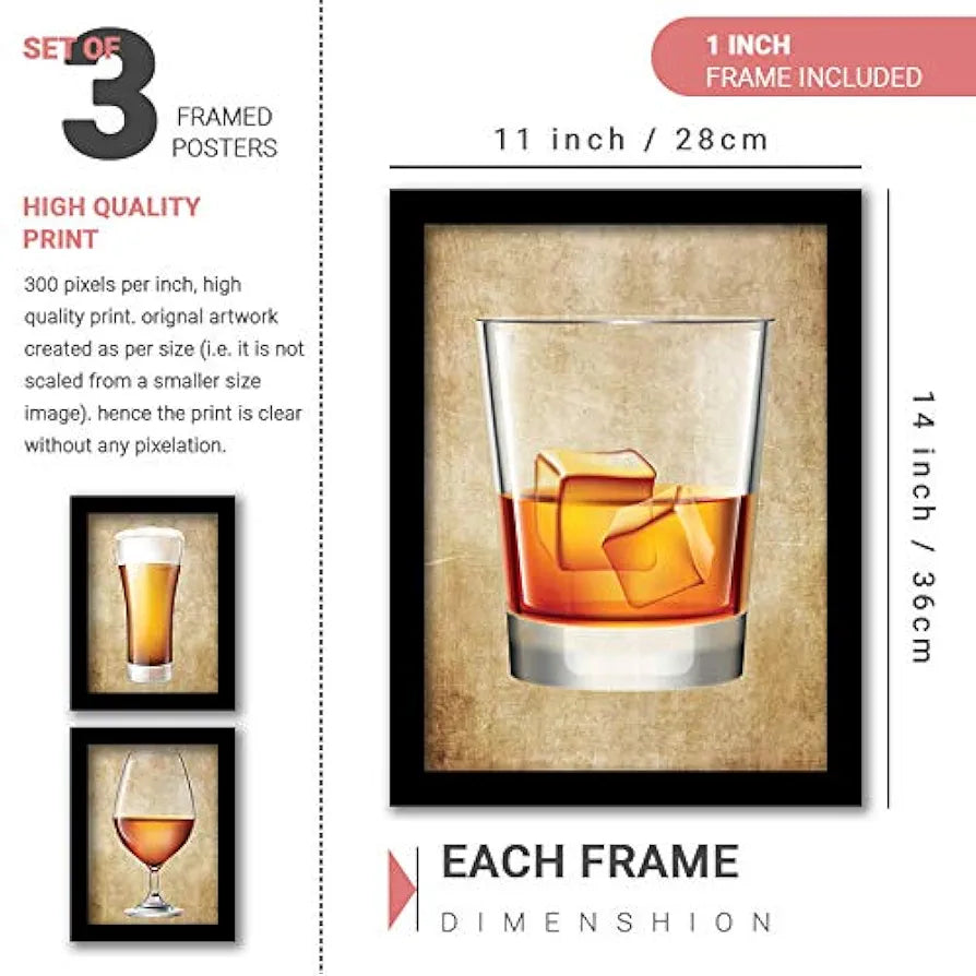 Rainbow Arts Bar Glass Framed Wall Posters for Kitchen Bar FramedSet of 3