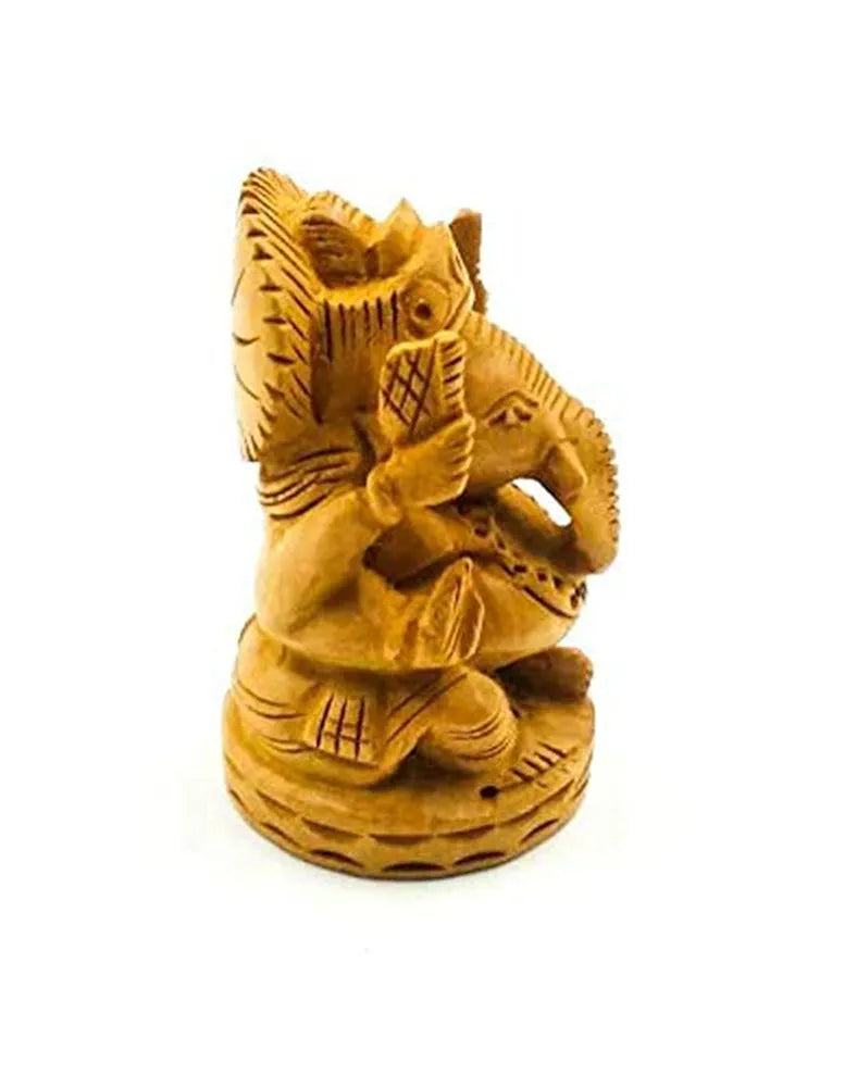 Shri Handicrafts 3" Hand Carved Lord Ganesha Wooden Idol Sculpture Home Decorative Figurine