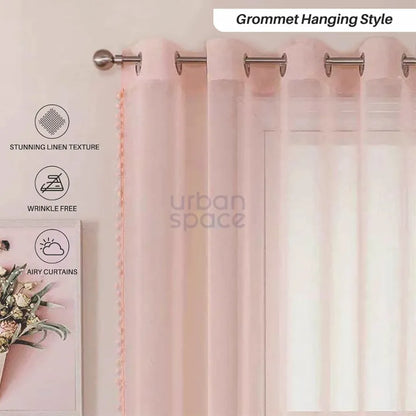 Urban Space Linen Textured Sheer Curtain for Door Living Room,Readymade Curtain with Rod Pocket, Set of 2 Decorative Curtains Blush Pink with Pom pom