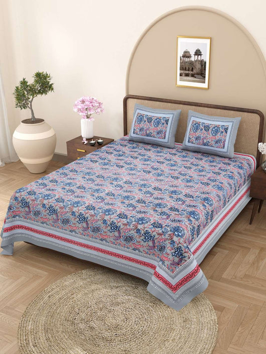 100% Pure Cotton Traditional Printed Bedsheet for Double Bed King Size Bedsheet with 2 Pillow Covers