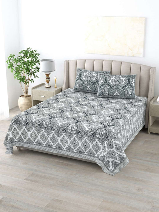 100% Pure Cotton Traditional Printed Bedsheet for Double Bed King Size Bedsheet with 2 Pillow Covers