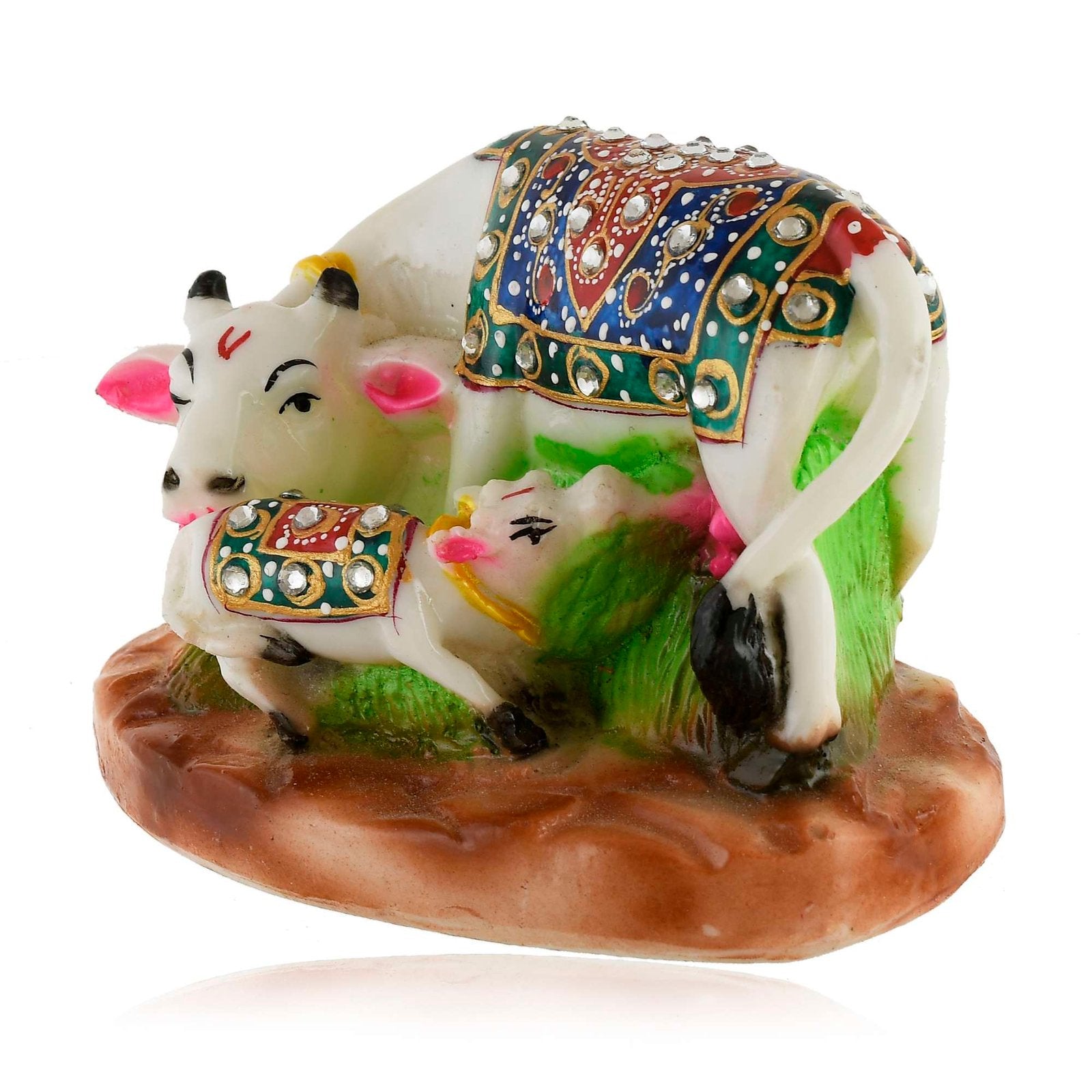 White Marble Kamdhenu Cow and Calf Statue (8.5 cm x 12 cm)