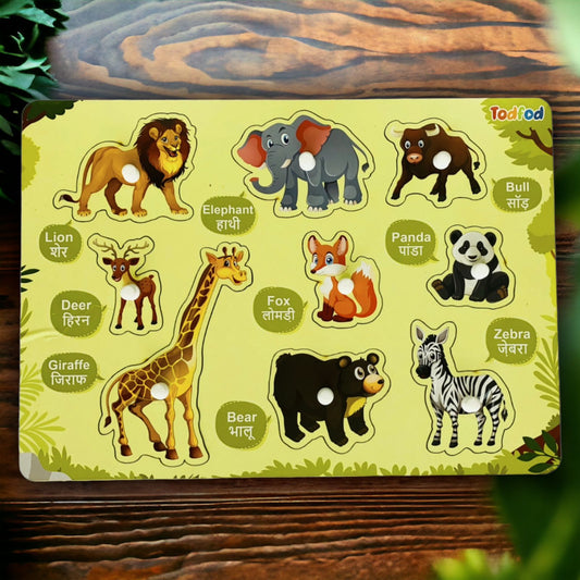 Wild Animals & Fruit Characters Knob & Pegged Puzzle for Kids