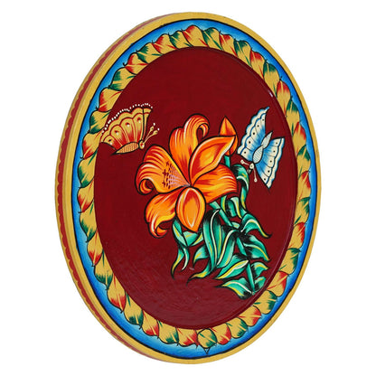 Decorative Red Plate with Butterfly and Flower Pichwai Painting