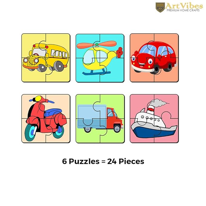 Artvibes Vehicle Wooden Jigsaw Puzzle Games for Children & Kids | 4 Pieces Puzzles | Toddler's Wooden Puzzle | Set of 6