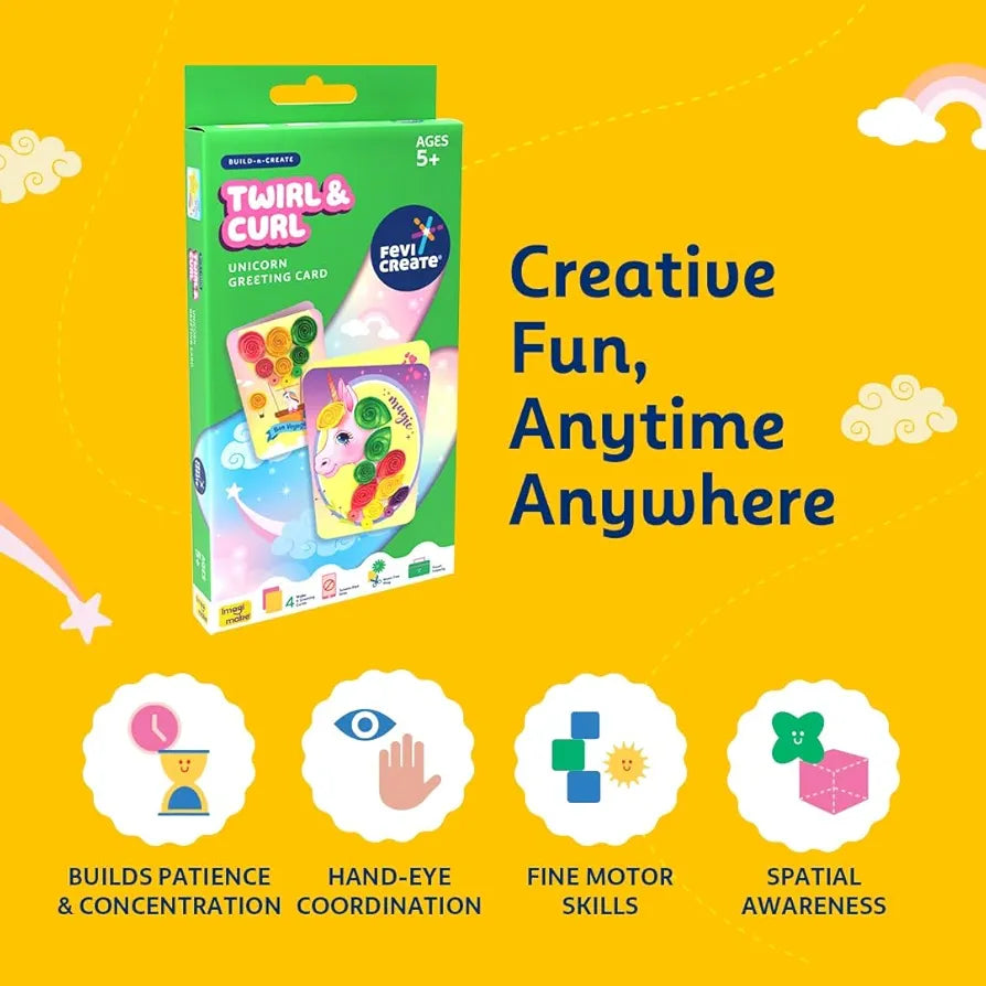 Fevicreate Build-n-Create Twirl & Curl Unicorn Greeting Card Kit | Quilling Art | Colourful Unicorn Greeting Cards | Travel Friendly | Screen-Free Play | Gifting | Ages 5 +