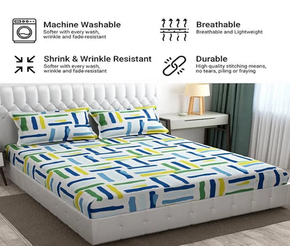 Fresh From Loom Microfiber Rotary Printed Bed Sheet Set King Size Hypoallergenic Wrinkle Free with 2 Pillow Covers 144 TC Multi Line
