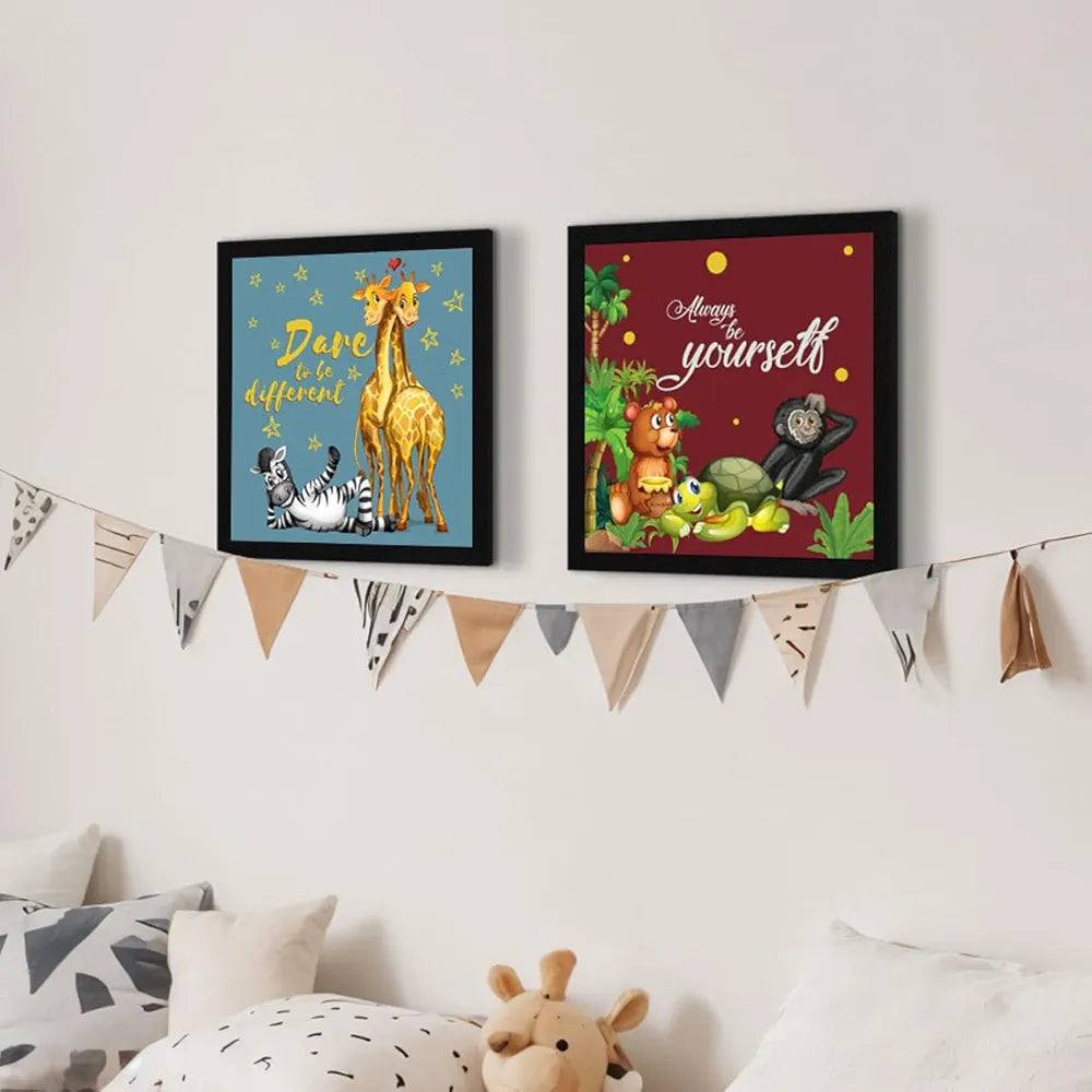 ArtX Set of 4 Cartoons Animals-02 Kids Room Wall Art Painting Multicolor Synthetic Wood Set Of 4