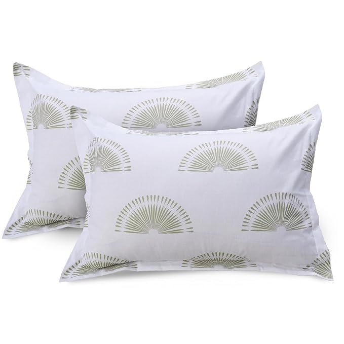 Huesland by Ahmedabad Cotton 144 TC King Size Bedsheet Cotton with 2 Pillow Covers | Sunrise | Basil Green & White