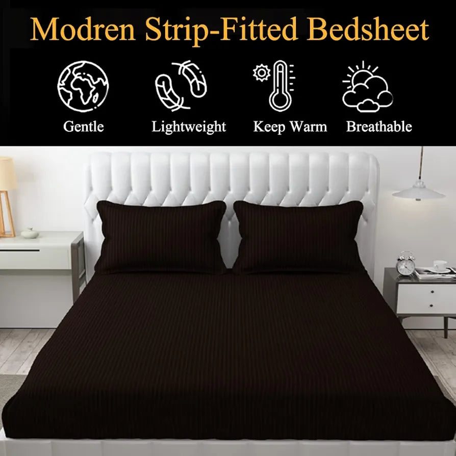 Fresh From Loom 240 TC Satin Striped Elastic Fitted Bed Sheets King Size Bed with Two Pillow Cover Multicolor Dark Coffee